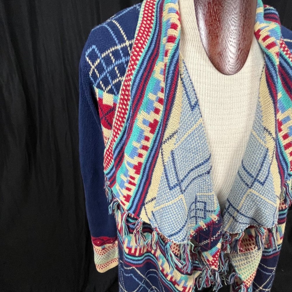 Wrangler Blanket Sweater Cardigan Southwest Geometric Plaid‎ Design Fringe Sz LG - Picture 7 of 8